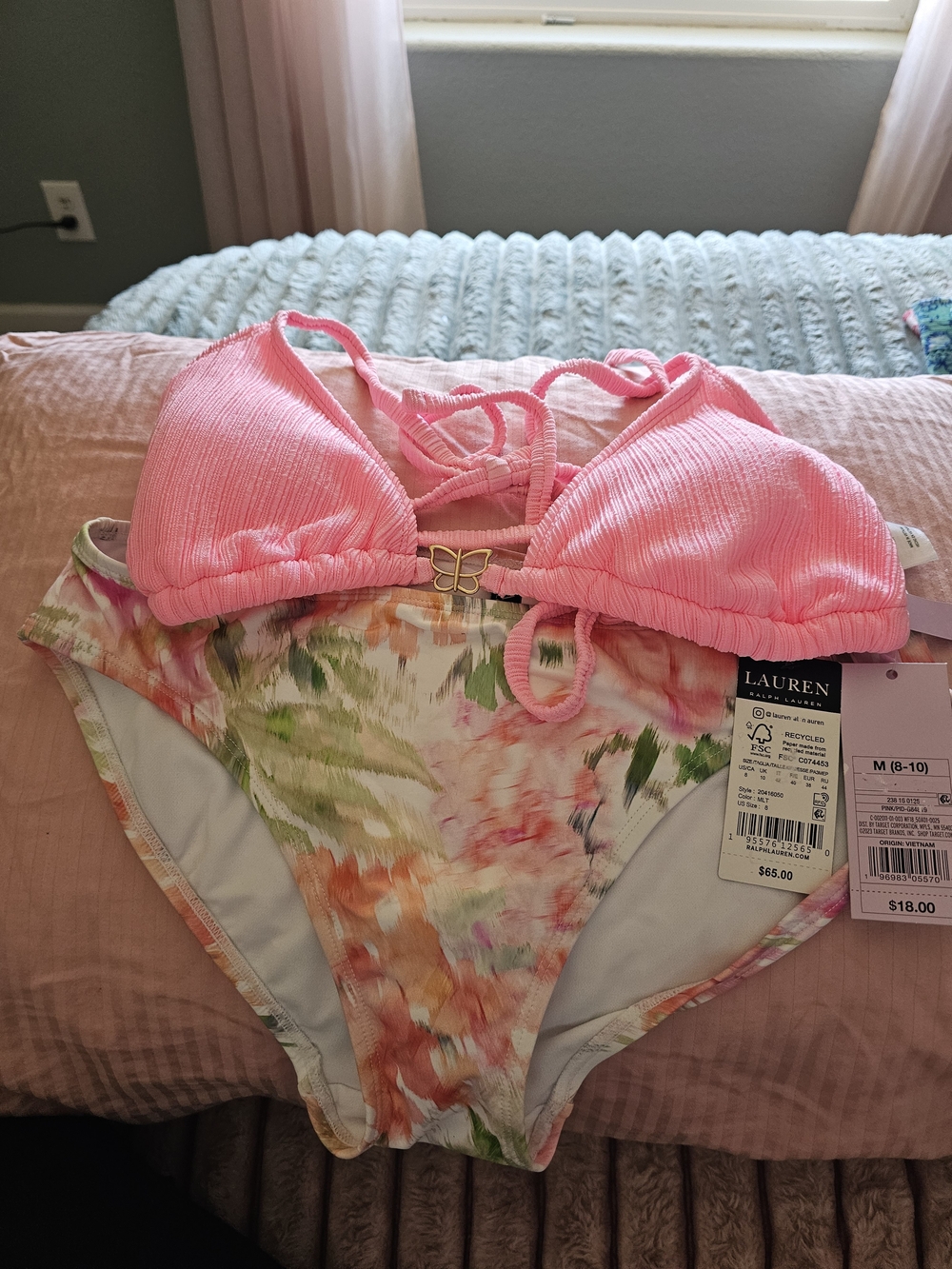Lauren Ralph Lauren Pink Ribbed Triangle Bikini Top with Floral Bikini Bottoms